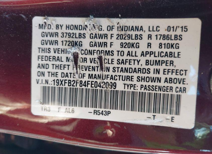 Photo 9 of 2015 Honda Civic EX (VIN 19XFB2F84FE042099)