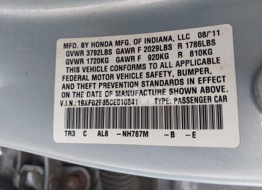 Photo 9 of 2012 Honda Civic EX (VIN 19XFB2F85CE010841)
