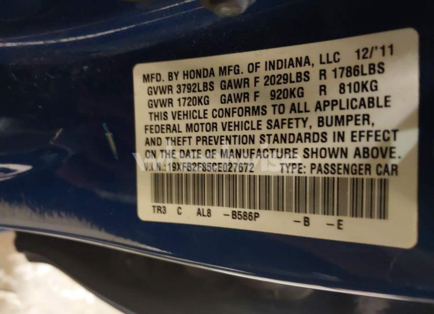 Photo 9 of 2012 Honda Civic EX (VIN 19XFB2F85CE027672)