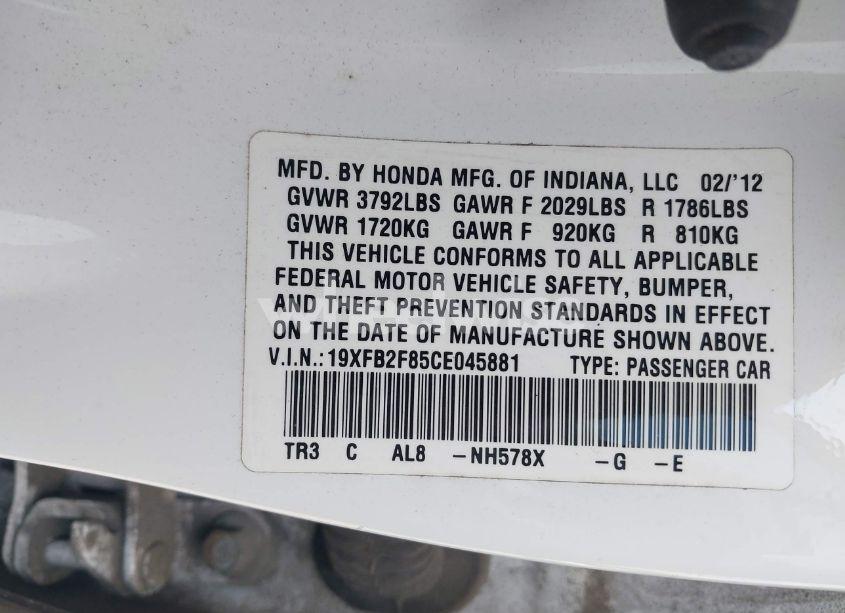 Photo 9 of 2012 Honda Civic EX (VIN 19XFB2F85CE045881)