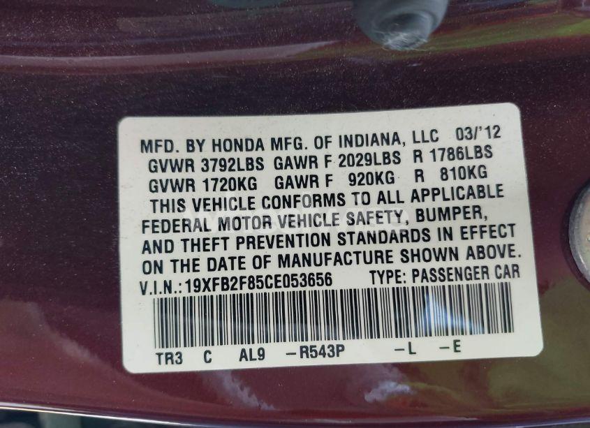 Photo 9 of 2012 Honda Civic EX (VIN 19XFB2F85CE053656)