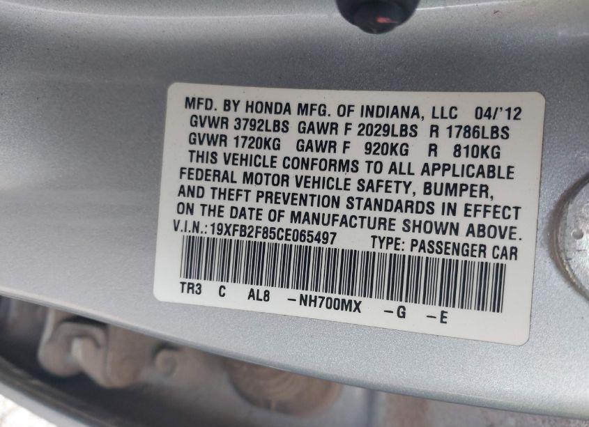 Photo 9 of 2012 Honda Civic EX (VIN 19XFB2F85CE065497)