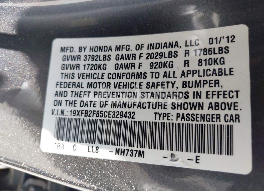 Photo 9 of 2012 Honda Civic EX (VIN 19XFB2F85CE329432)