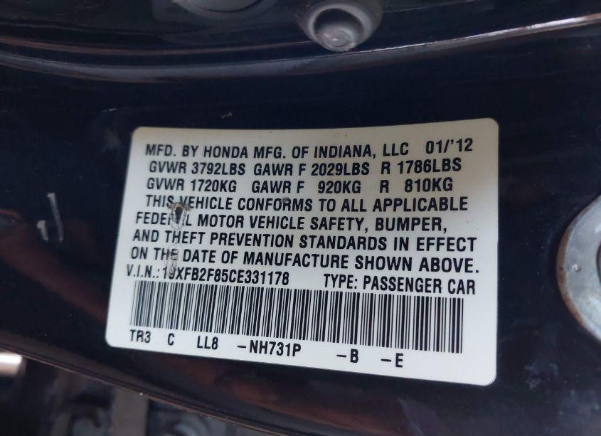 Photo 9 of 2012 Honda Civic EX (VIN 19XFB2F85CE331178)