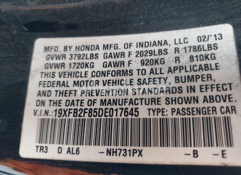 Photo 9 of 2013 Honda Civic EX (VIN 19XFB2F85DE017645)