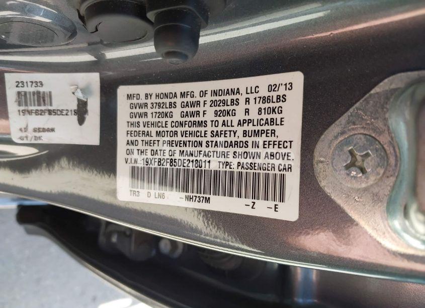 Photo 9 of 2013 Honda Civic EX (VIN 19XFB2F85DE218011)