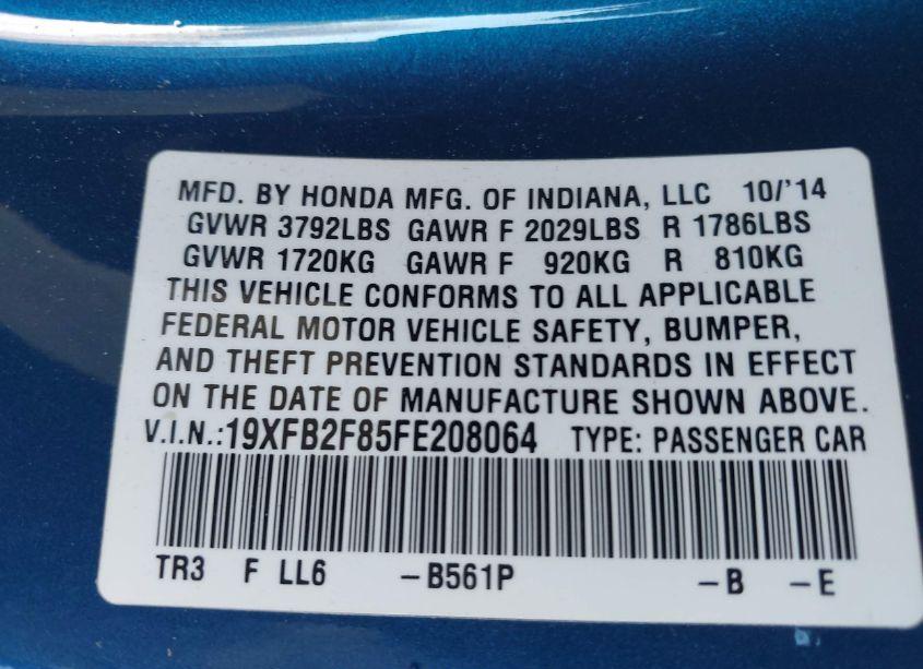 Photo 9 of 2015 Honda Civic EX (VIN 19XFB2F85FE208064)