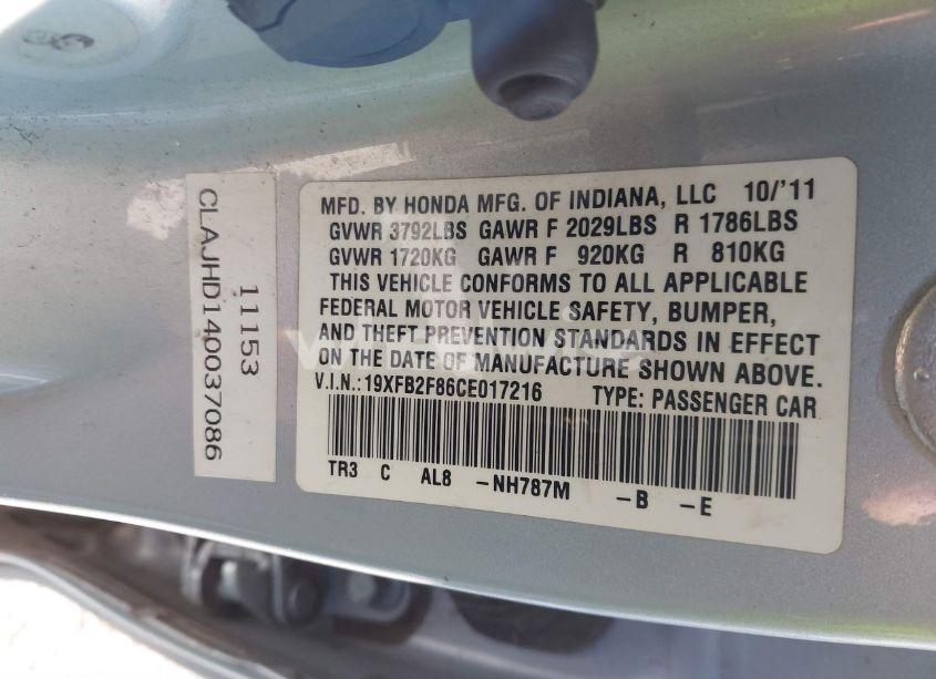 Photo 9 of 2012 Honda Civic EX (VIN 19XFB2F86CE017216)