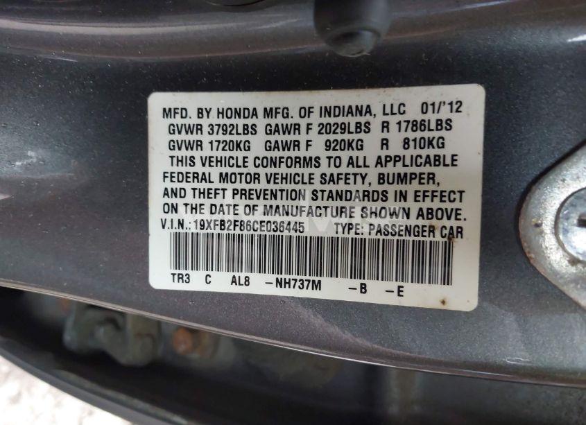 Photo 9 of 2012 Honda Civic EX (VIN 19XFB2F86CE036445)