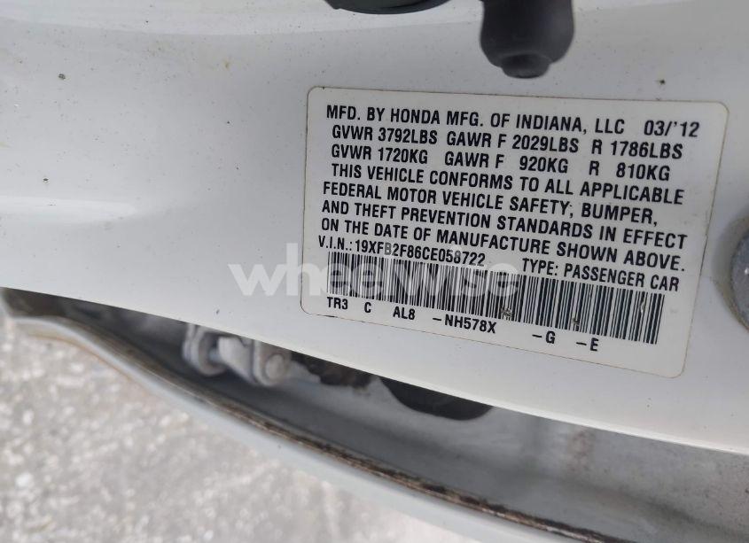 Photo 9 of 2012 Honda Civic EX (VIN 19XFB2F86CE058722)