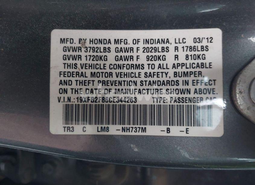 Photo 9 of 2012 Honda Civic EX (VIN 19XFB2F86CE344263)