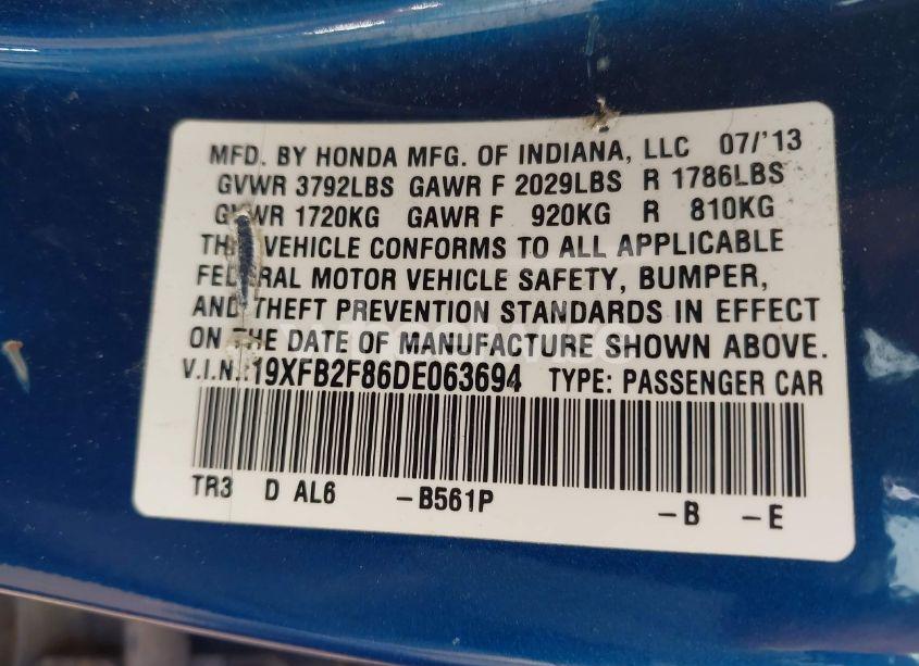 Photo 9 of 2013 Honda Civic EX (VIN 19XFB2F86DE063694)