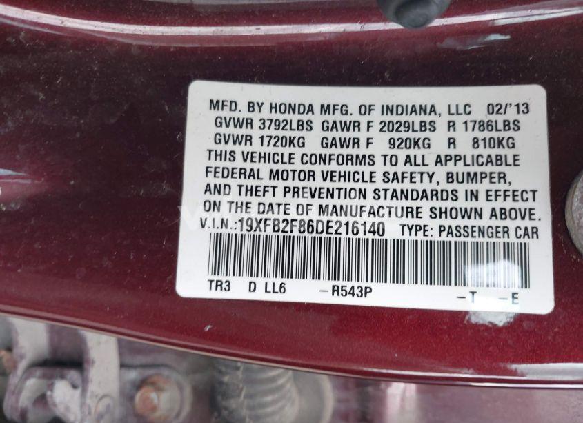 Photo 9 of 2013 Honda Civic EX (VIN 19XFB2F86DE216140)