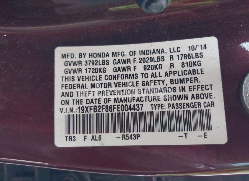 Photo 8 of 2015 Honda Civic EX (VIN 19XFB2F86FE004437)