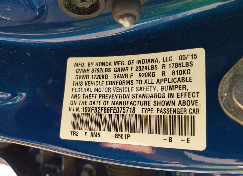 Photo 9 of 2015 Honda Civic EX (VIN 19XFB2F86FE075718)