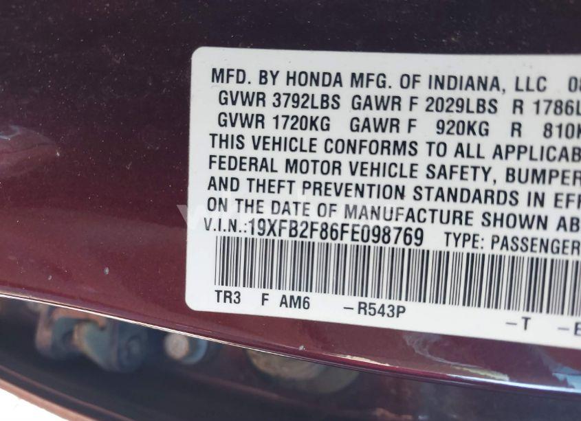 Photo 9 of 2015 Honda Civic EX (VIN 19XFB2F86FE098769)