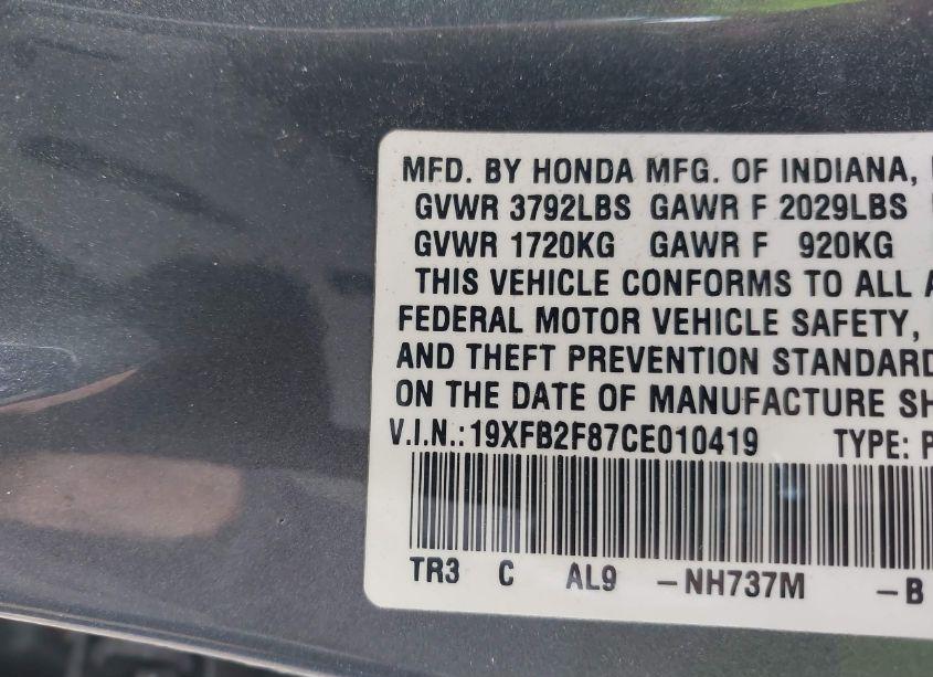 Photo 9 of 2012 Honda Civic EX (VIN 19XFB2F87CE010419)