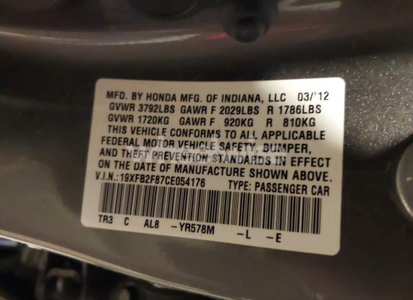 Photo 9 of 2012 Honda Civic EX (VIN 19XFB2F87CE054176)