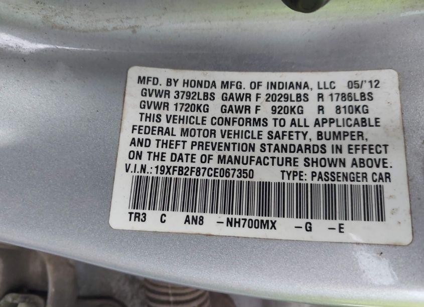 Photo 9 of 2012 Honda Civic EX (VIN 19XFB2F87CE067350)