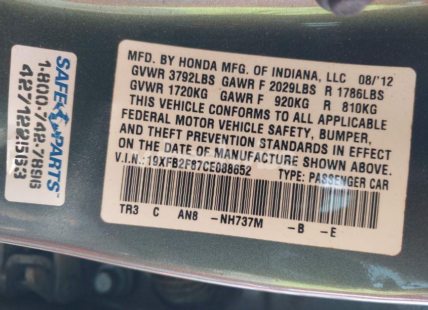 Photo 9 of 2012 Honda Civic EX (VIN 19XFB2F87CE088652)