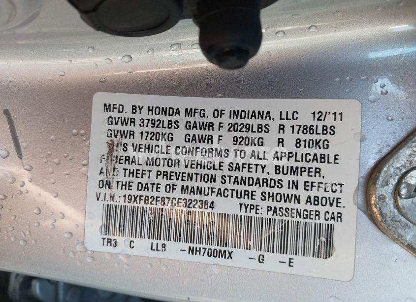 Photo 9 of 2012 Honda Civic EX (VIN 19XFB2F87CE322384)