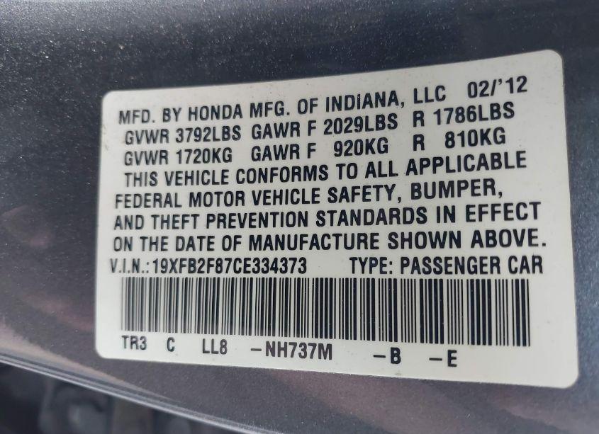 Photo 9 of 2012 Honda Civic EX (VIN 19XFB2F87CE334373)