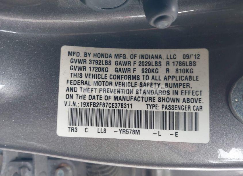 Photo 9 of 2012 Honda Civic EX (VIN 19XFB2F87CE378311)