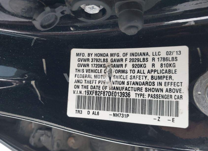 Photo 9 of 2013 Honda Civic EX (VIN 19XFB2F87DE013936)