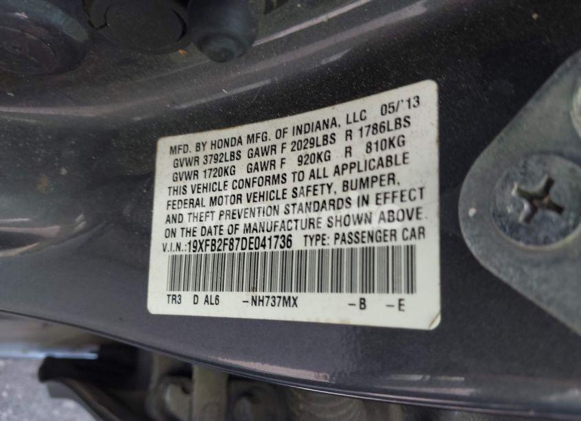 Photo 9 of 2013 Honda Civic EX (VIN 19XFB2F87DE041736)