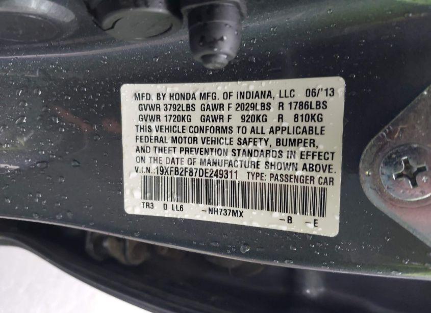 Photo 9 of 2013 Honda Civic EX (VIN 19XFB2F87DE249311)