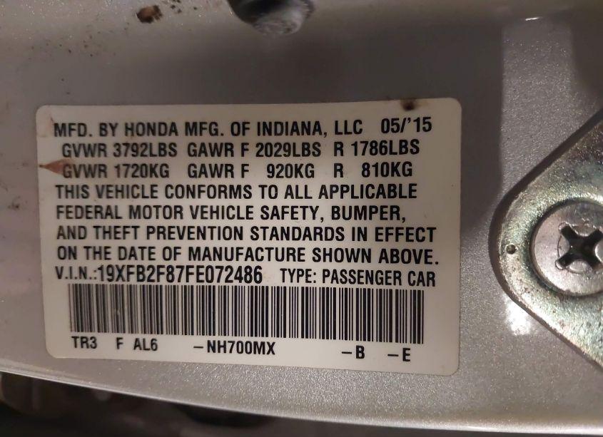 Photo 9 of 2015 Honda Civic EX (VIN 19XFB2F87FE072486)