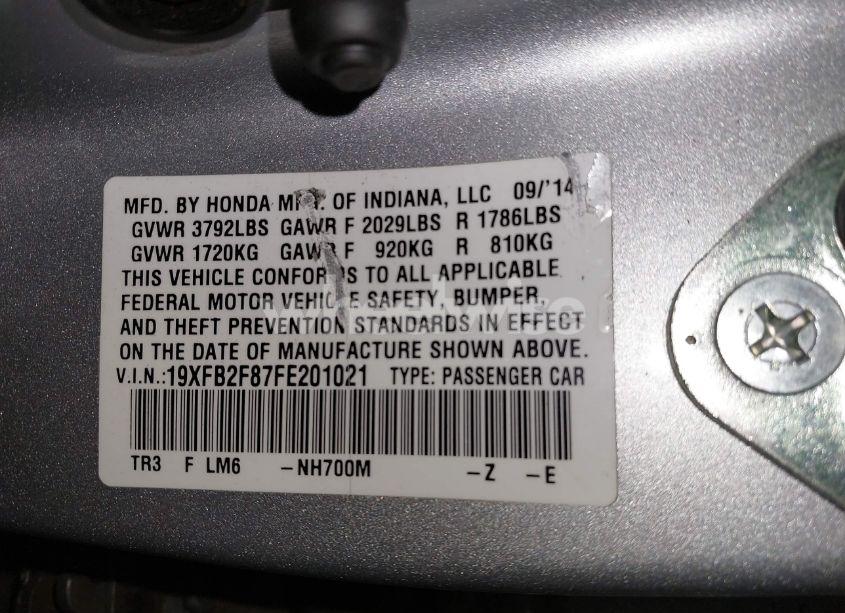 Photo 9 of 2015 Honda Civic EX (VIN 19XFB2F87FE201021)