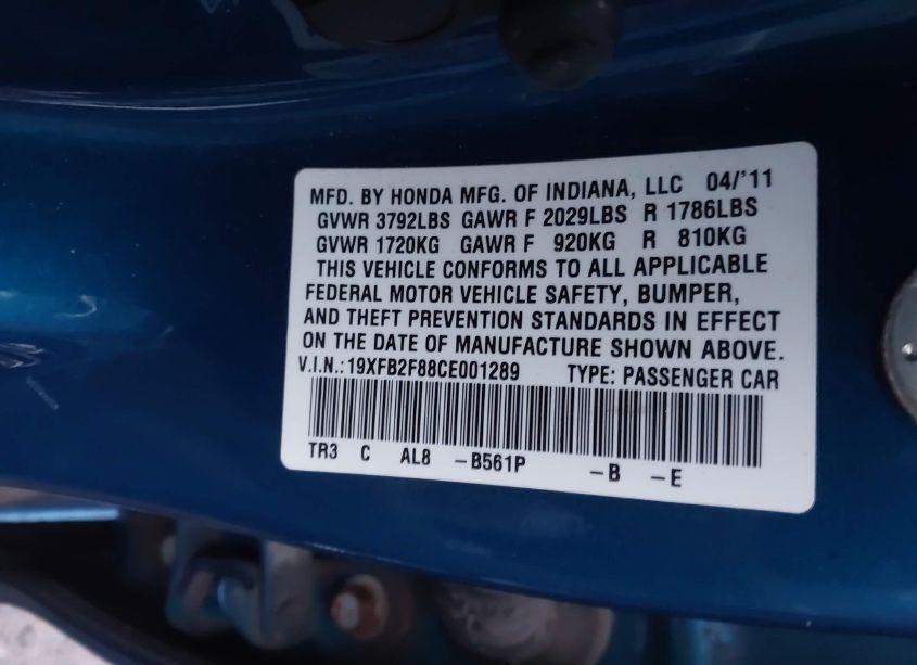 Photo 9 of 2012 Honda Civic EX (VIN 19XFB2F88CE001289)