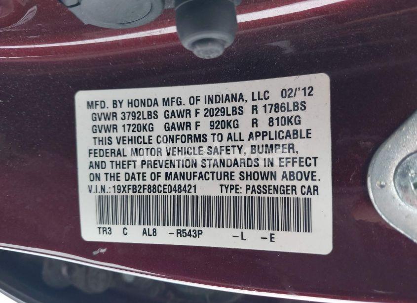 Photo 9 of 2012 Honda Civic EX (VIN 19XFB2F88CE048421)