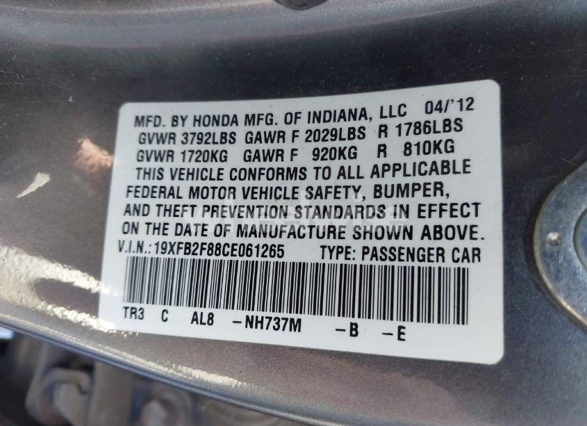 Photo 9 of 2012 Honda Civic EX (VIN 19XFB2F88CE061265)