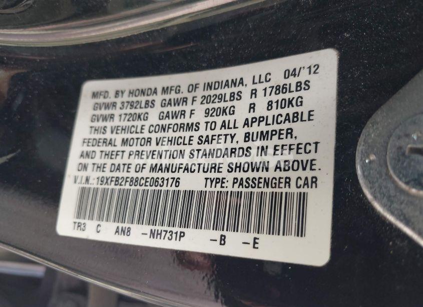 Photo 9 of 2012 Honda Civic EX (VIN 19XFB2F88CE063176)