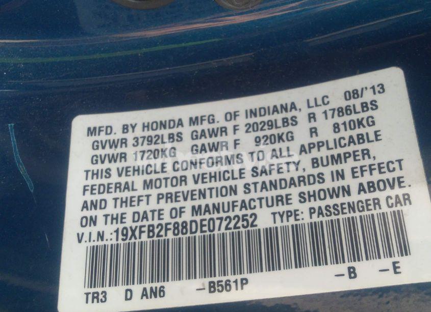 Photo 9 of 2013 Honda Civic EX (VIN 19XFB2F88DE072252)