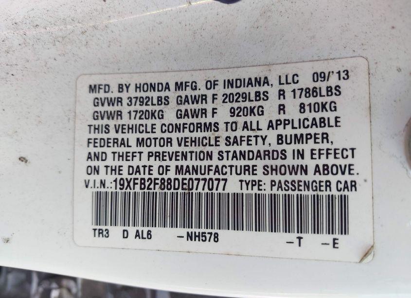 Photo 9 of 2013 Honda Civic EX (VIN 19XFB2F88DE077077)