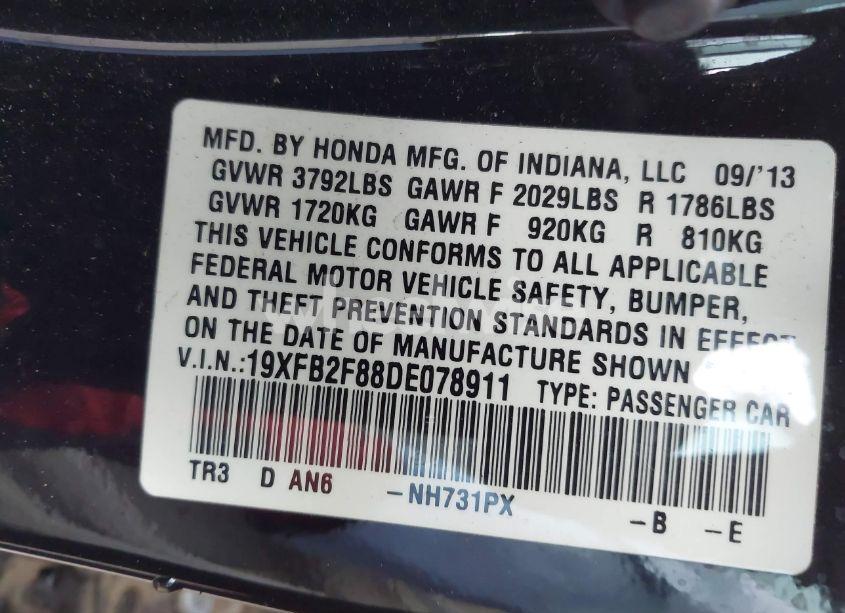 Photo 9 of 2013 Honda Civic EX (VIN 19XFB2F88DE078911)