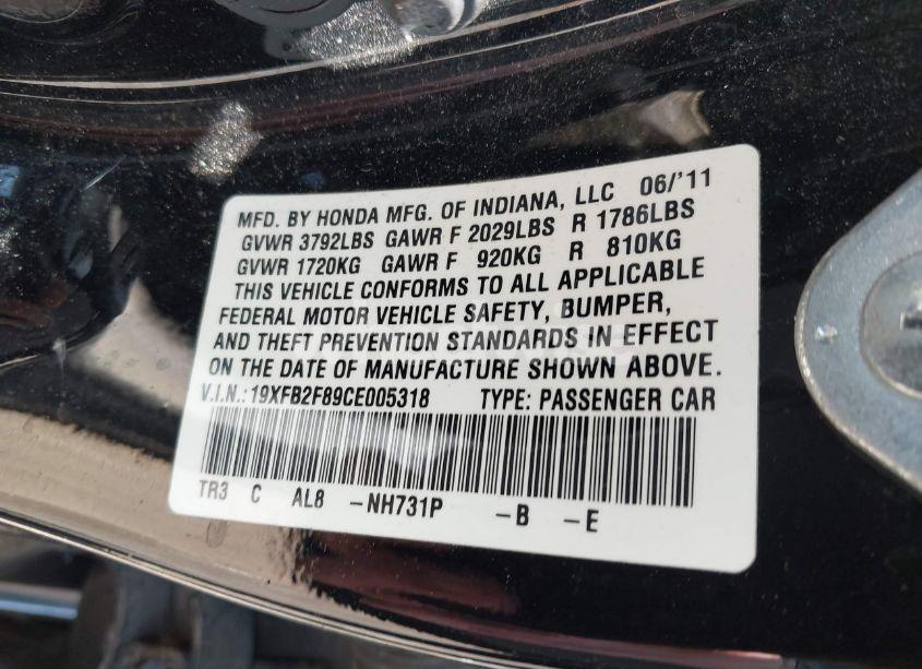 Photo 9 of 2012 Honda Civic EX (VIN 19XFB2F89CE005318)