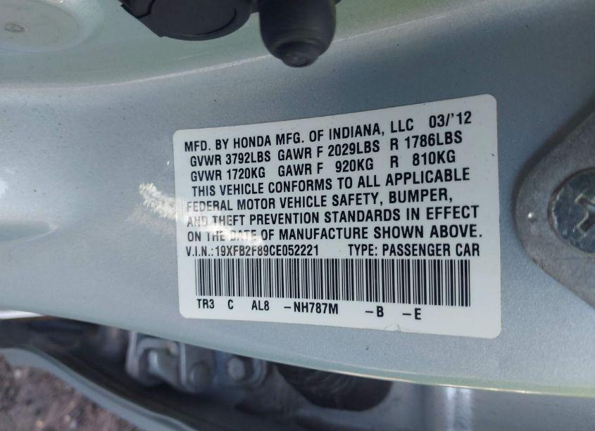 Photo 9 of 2012 Honda Civic EX (VIN 19XFB2F89CE052221)