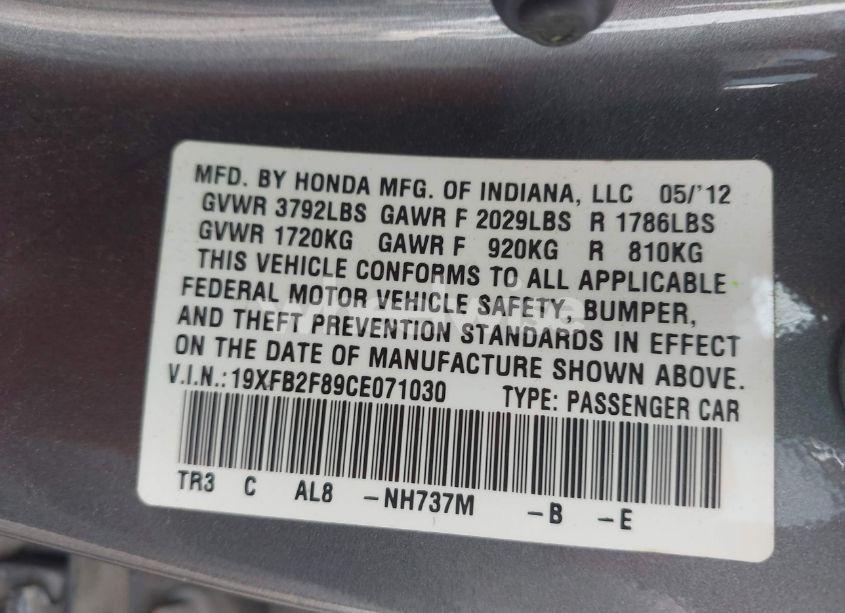 Photo 9 of 2012 Honda Civic EX (VIN 19XFB2F89CE071030)