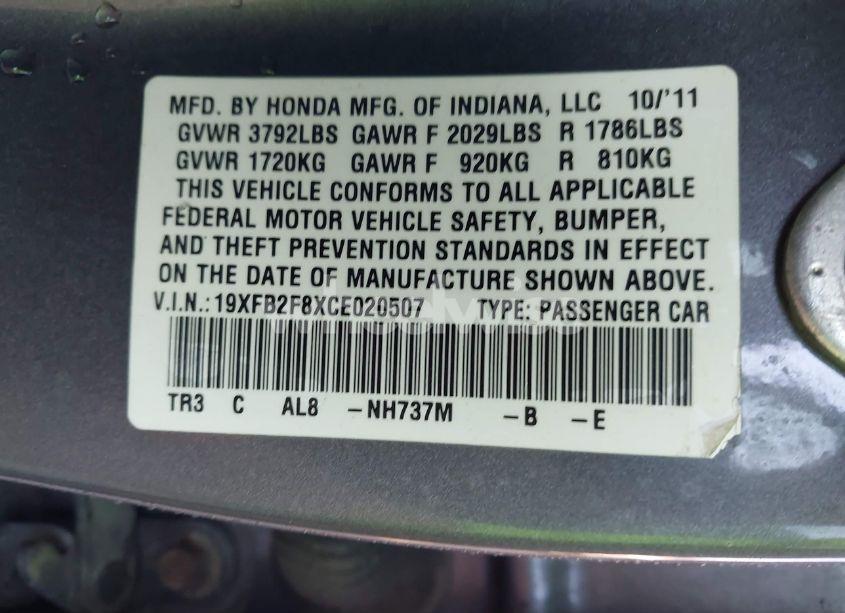 Photo 9 of 2012 Honda Civic EX (VIN 19XFB2F8XCE020507)