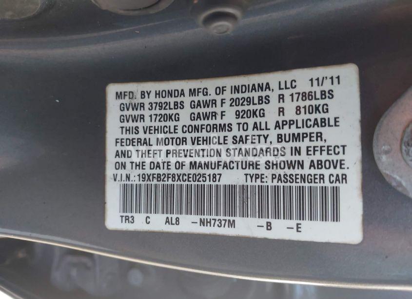 Photo 9 of 2012 Honda Civic EX (VIN 19XFB2F8XCE025187)