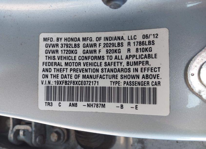 Photo 9 of 2012 Honda Civic EX (VIN 19XFB2F8XCE072171)