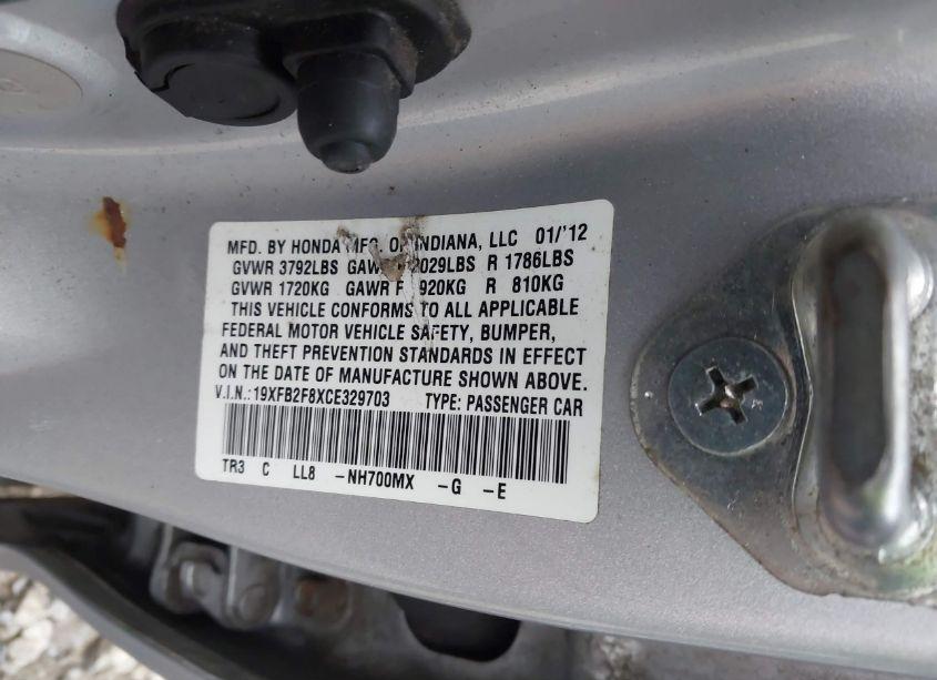 Photo 9 of 2012 Honda Civic EX (VIN 19XFB2F8XCE329703)