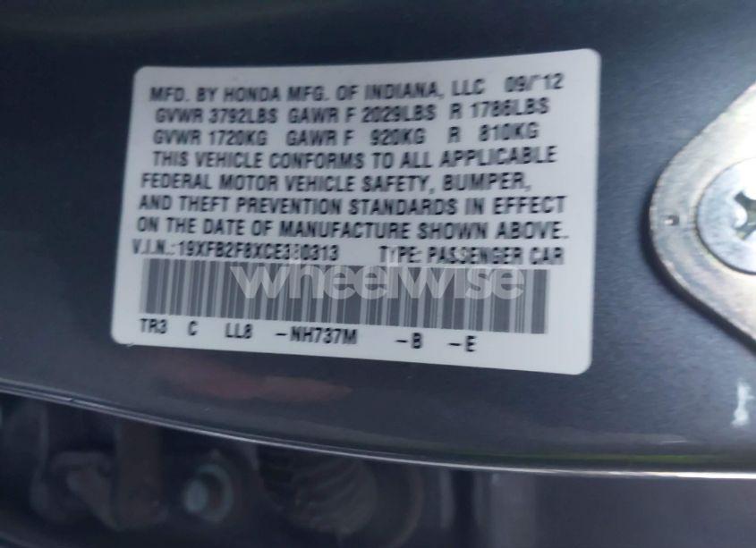 Photo 9 of 2012 Honda Civic EX (VIN 19XFB2F8XCE380313)