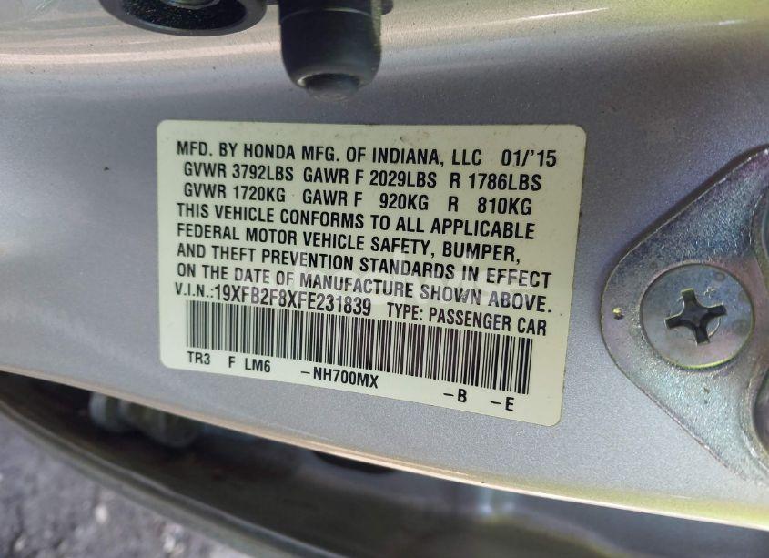 Photo 9 of 2015 Honda Civic EX (VIN 19XFB2F8XFE231839)