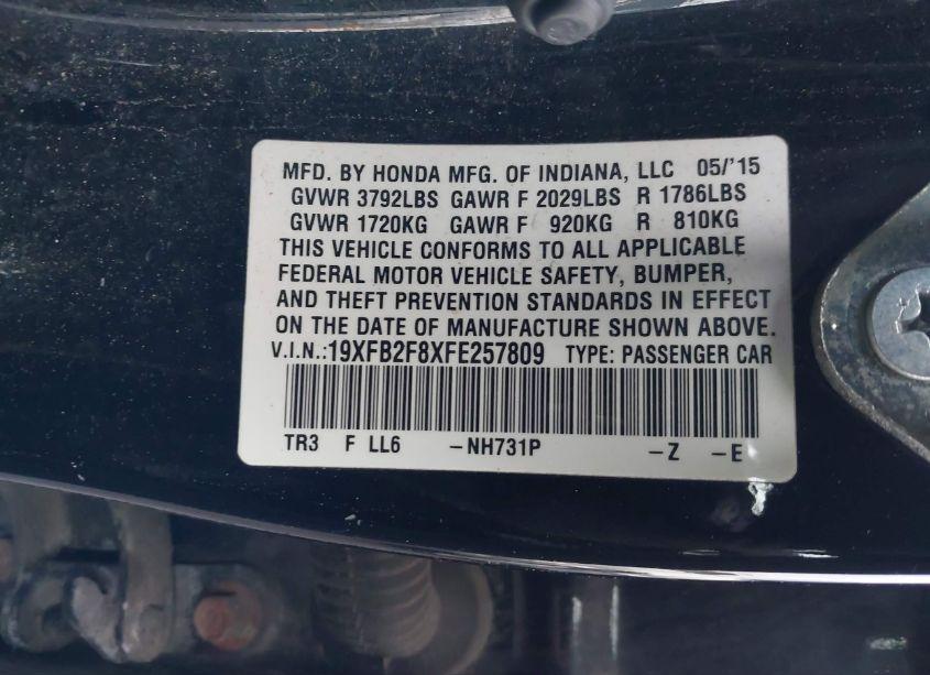 Photo 9 of 2015 Honda Civic EX (VIN 19XFB2F8XFE257809)