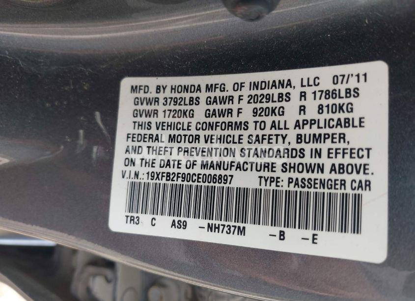 Photo 9 of 2012 Honda Civic EX-L (VIN 19XFB2F90CE006897)